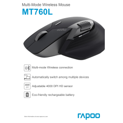 RAPOO Mus, MT760L, Trådlös, Multi-Mode, Mörkgrå