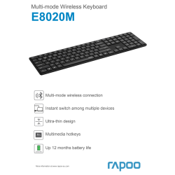 RAPOO Tangentbord E8020 MultiMode, Trådlöst, smalt