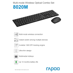 RAPOO Tangentbord/Mus 8020M, Multi-Mode, Trådlös