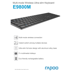 RAPOO Tangentbord E9800M, Multi-Mode, Trådlöst Grå