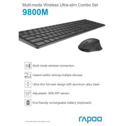 RAPOO Tangentbord/Mus 9800M, Trådlös, Multi-Mode