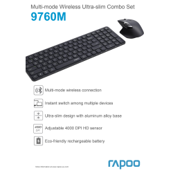 RAPOO Tangentbord/Mus 9760M, Trådlös, Multi-Mode