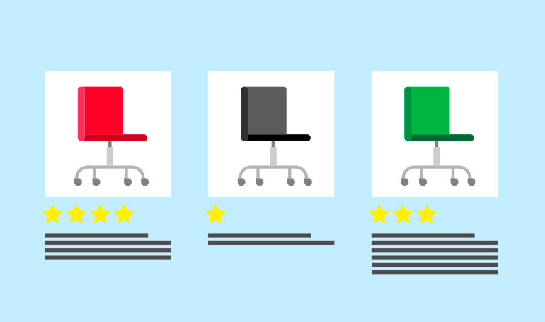 Grafik af tre forskellige kontorstole i produktlinje med user reviews under hvert billede