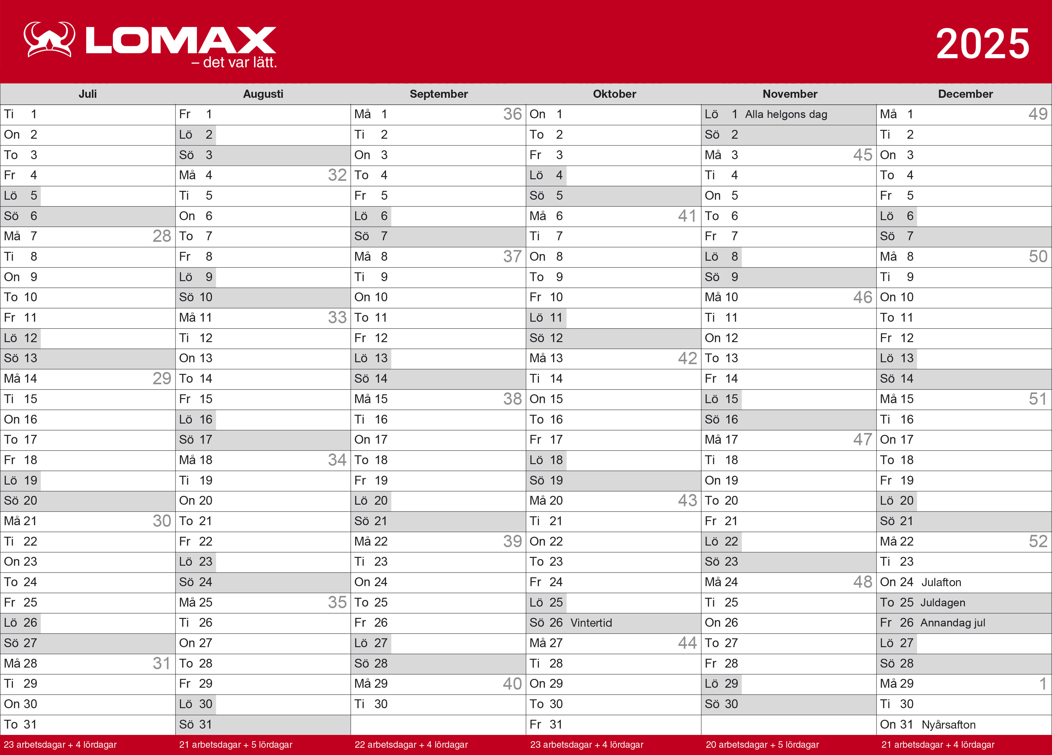 Lomax kalender print selv 2025 2. halvår