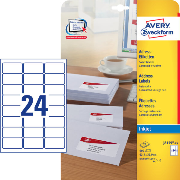 Avery J8159-25 adressetiketter, 65,5x33,9 mm