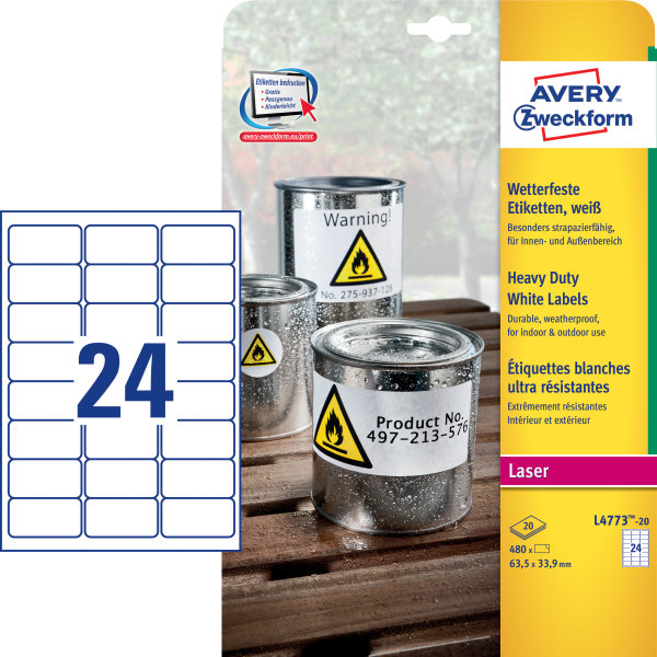 Avery L4773-20 slitstarka etiketter, 63,5x33,9 mm
