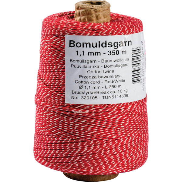Bomullssnöre 1,1 mm x 350 m, röd/vit