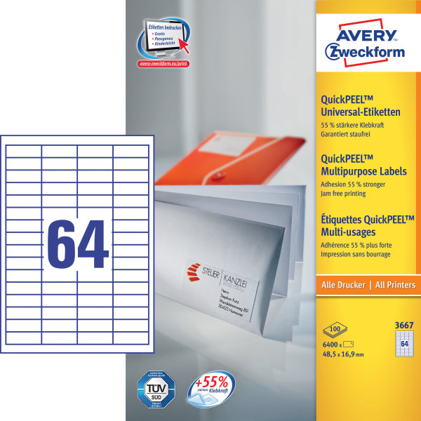 Avery 3667 Universaletiketter, 48,5x16,9 mm