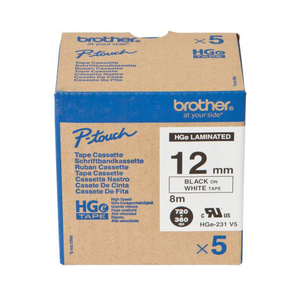 Brother HGe231V5 etikettape, 12 mm, svart på vit