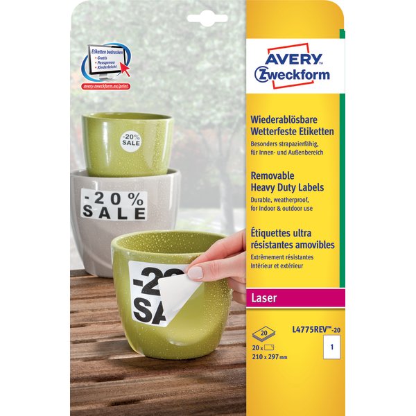 Avery L4775Rev-20 slitstarka etiketter, 210x297 mm