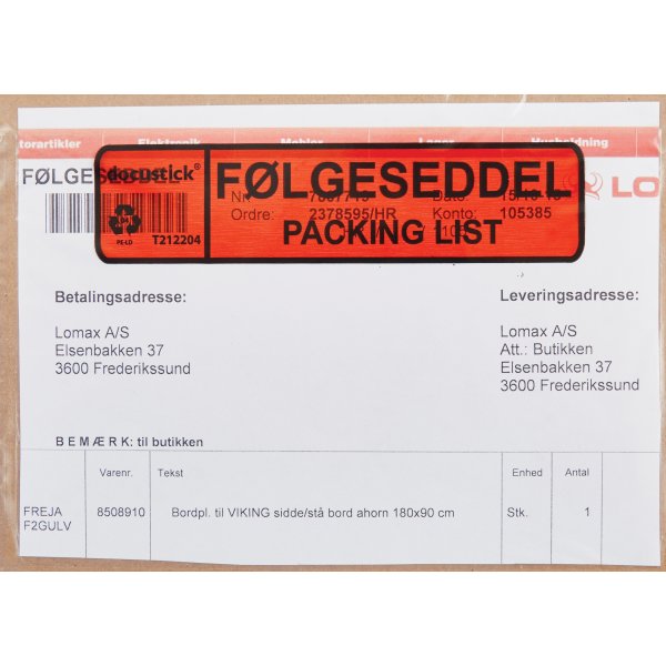 Följesedelsficka, “Följesedel/Packing list”, C6, 1