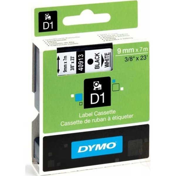Dymo D1 labeltape 9mm, sort på hvid