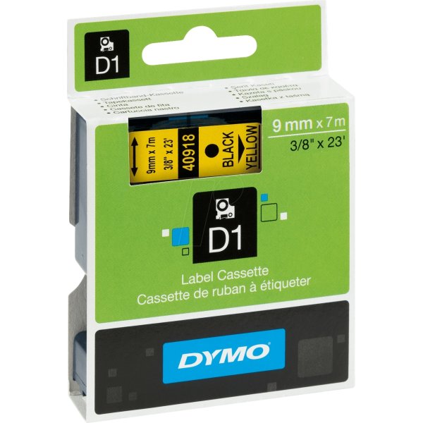 Dymo D1 labeltape 9mm, sort på gul