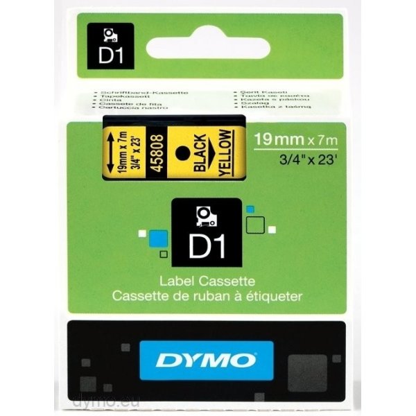 Dymo D1 labeltape 19mm, sort på gul