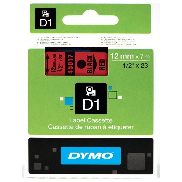 Dymo D1 labeltape 12mm, sort på rød