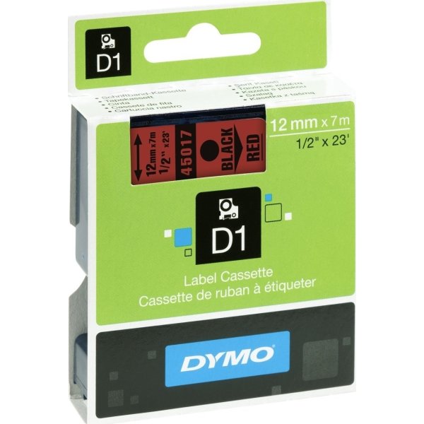 Dymo D1 labeltape 12mm, sort på rød