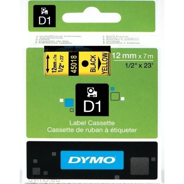 Dymo D1 labeltape 12mm, sort på gul