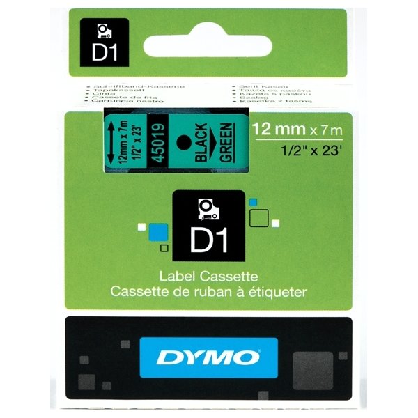 Dymo D1 labeltape 12mm, sort på grøn