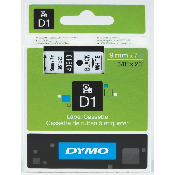Dymo D1 labeltape 9mm, sort på hvid