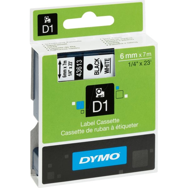 Dymo D1 labeltape 6mm, sort på hvid