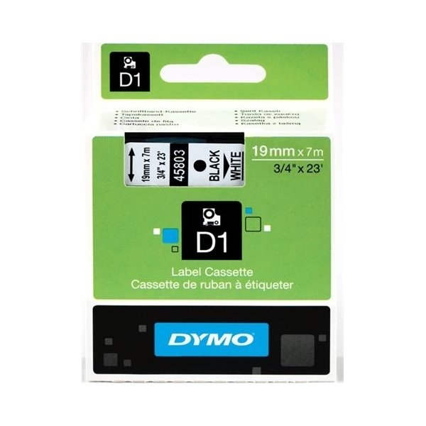 Dymo D1 labeltape 19mm, sort på hvid