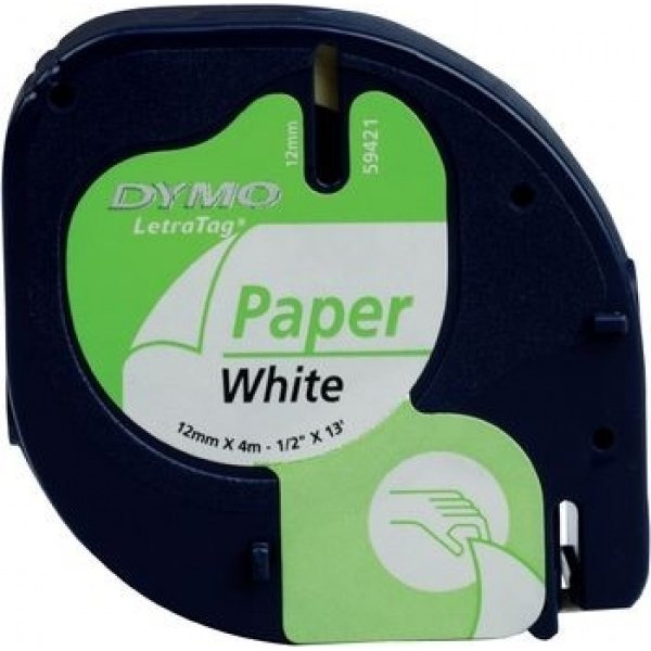 Dymo Letratag labeltape, papir, 12mm, sort på hvid