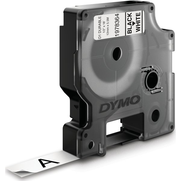 Dymo D1 Durable labeltape 12mm, sort på hvid