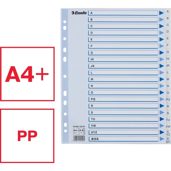 Esselte Maxi register A4, A-Å, PP, hvid