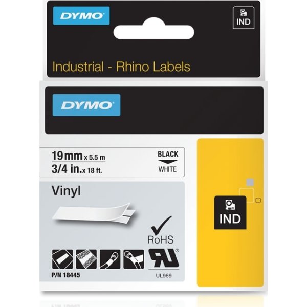 Dymo Rhino Vinyltape 19mm, sort på hvid