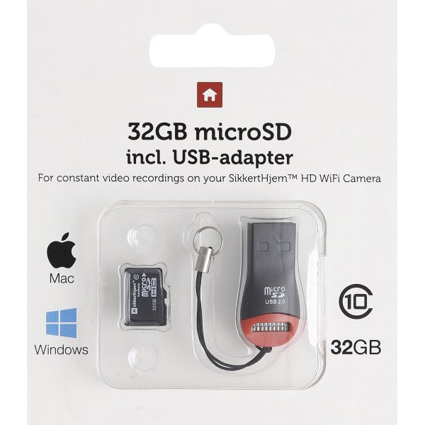 32GB microSD + USB adapter til SikkertHjem Kamera