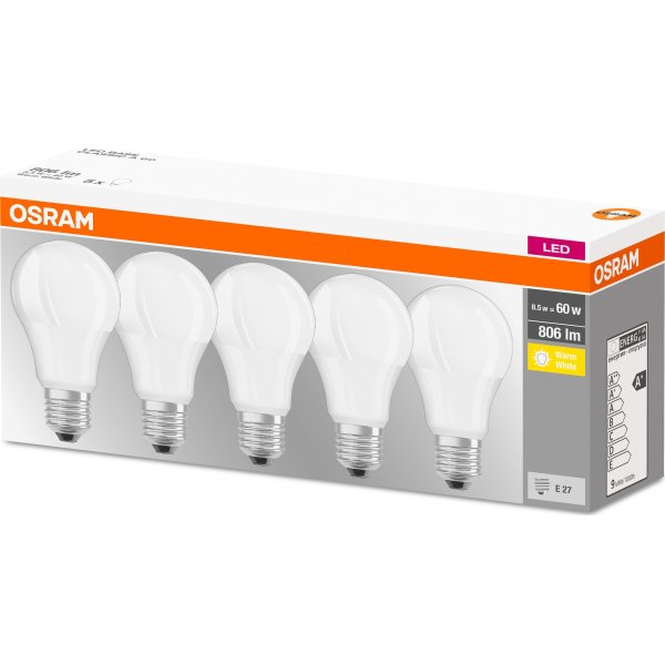 Osram LED Standardlampa E27, 8,5 W = 60 W, 5-pack