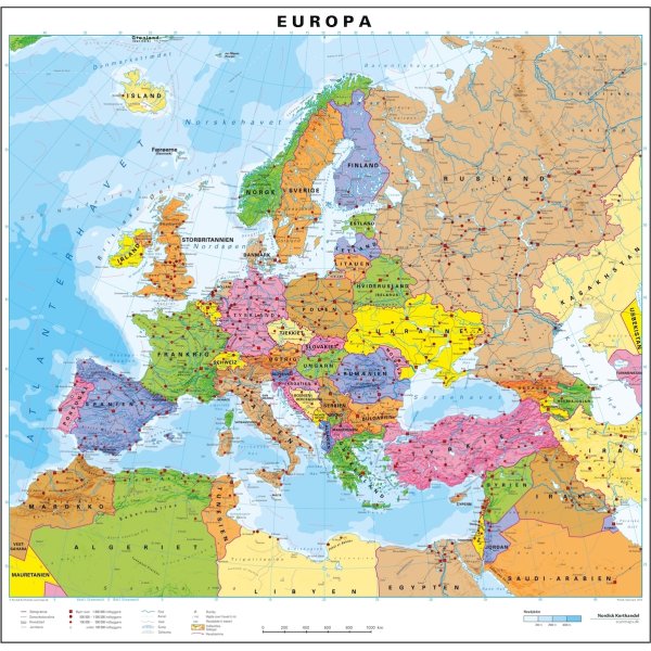 Laminerad karta över Europa 97x106 cm