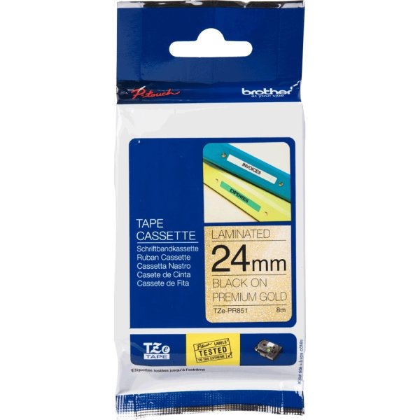 Brother TZe-PR851 etikettape, 24 mm, svart på guld