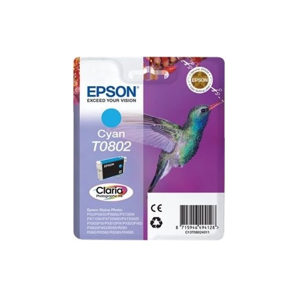 Epson Claria T0802 blækpatron, cyan, m/alarm