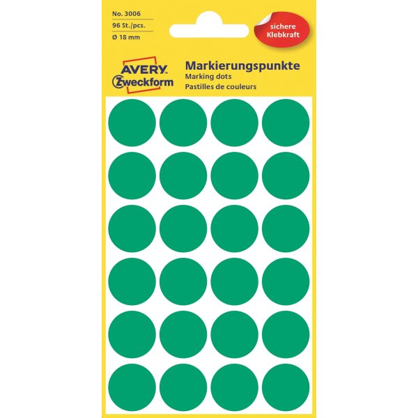 Avery 3006 färgkodningsprickar, 18 mm, 96 st, grön