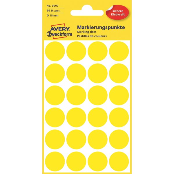 Avery 3007 färgkodningsprickar, 18 mm, 96 st, gul