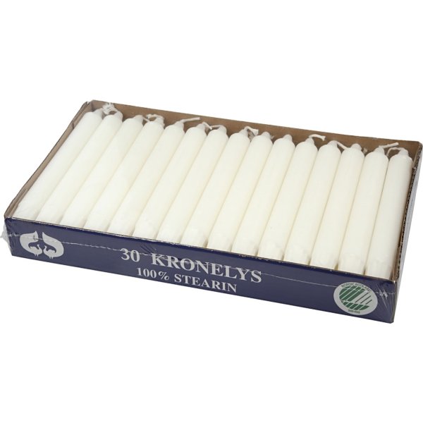 Kronelys i ren stearin, 2,3 x 20 cm, hvid, 30 stk