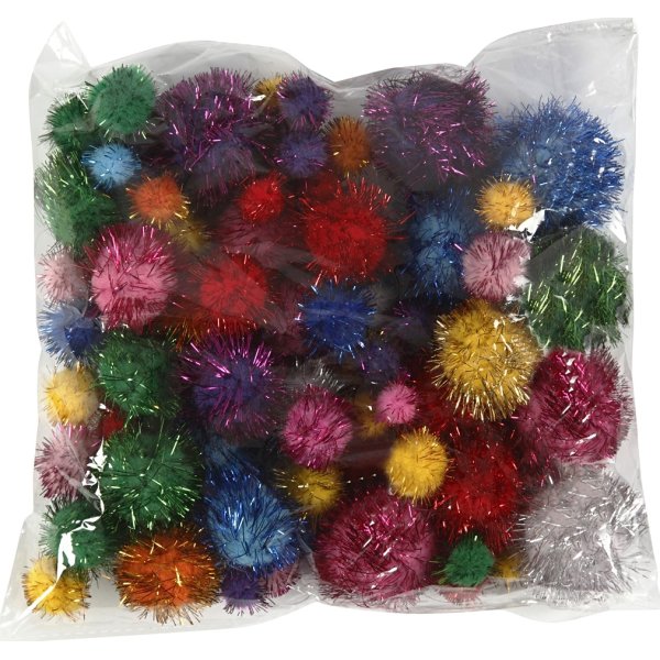 Pompoms 15-40 mm 75 st Blandade glitterfärger