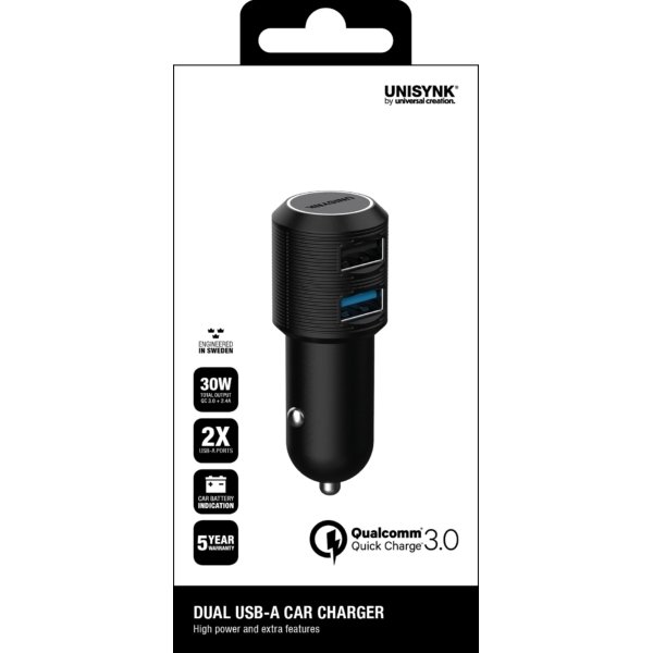 Billaddare UNISYNK 2x USB QC3+2,4A