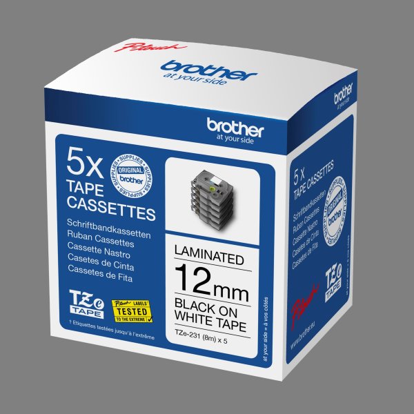 Brother TZe tape 12mm x 8m, sort/hvid, 5 stk.
