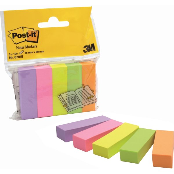 Post-it indexfaner 5 mix, 500 strips, neon farver