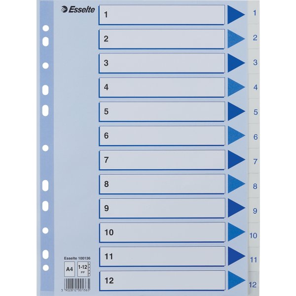 Esselte register A4, 1-12, plast, hvid