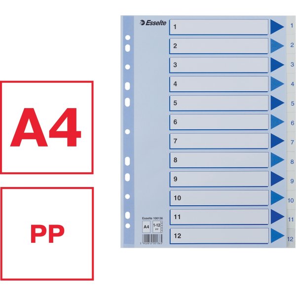 Esselte register A4, 1-12, plast, hvid