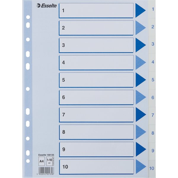Esselte register A4, 1-10, plast, hvid