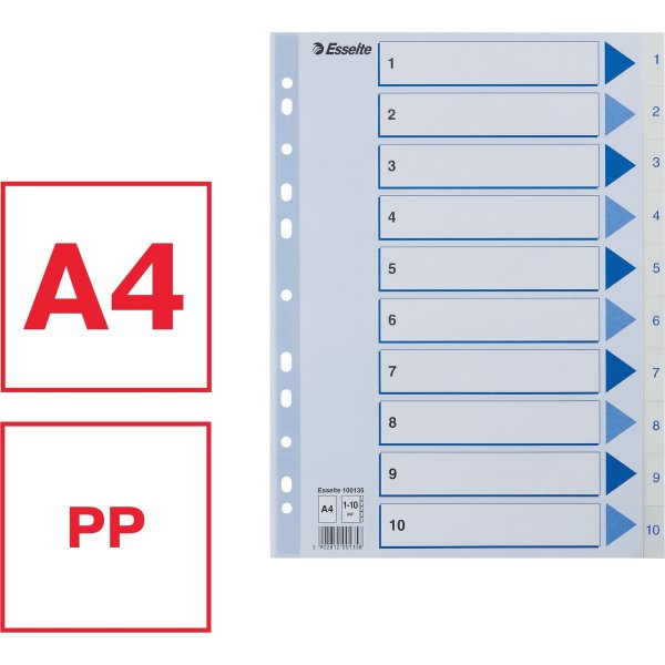 Esselte register A4, 1-10, plast, hvid