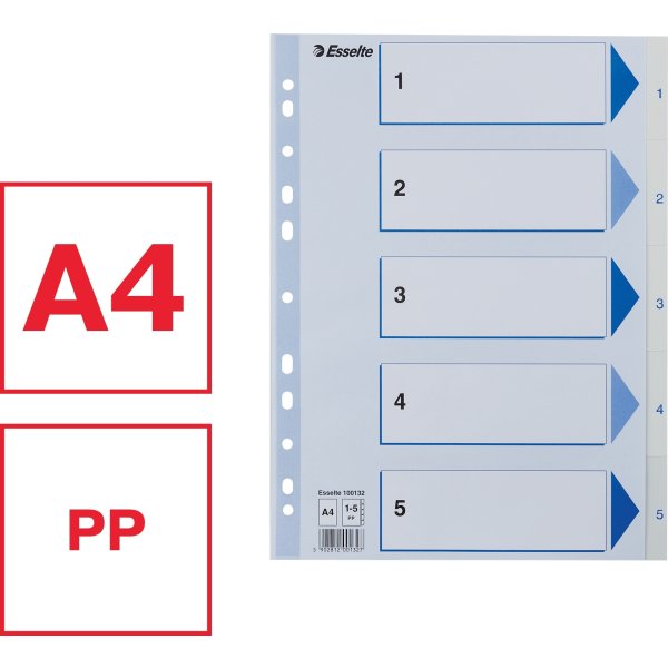 Esselte register A4, 1-5, PP, hvid