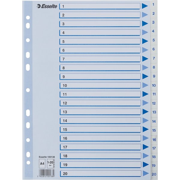 Esselte register A4, 1-20, plast, hvid
