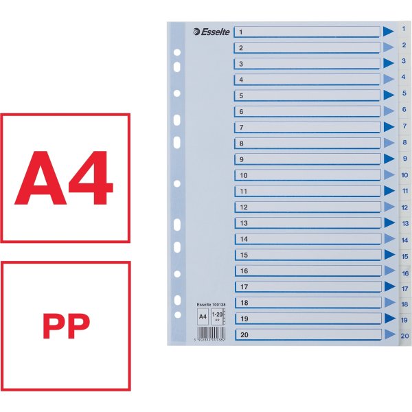 Esselte register A4, 1-20, plast, hvid