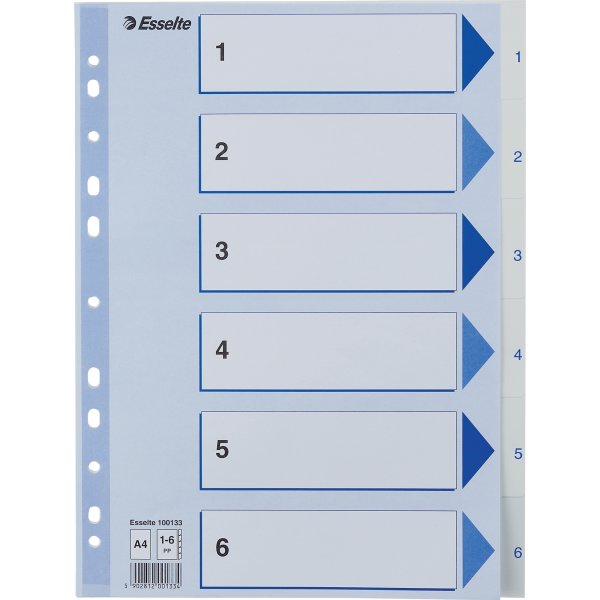 Esselte register A4, 1-6, plast, hvid