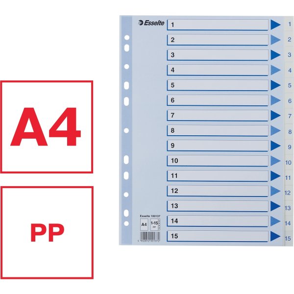Esselte register A4, 1-15, plast, hvid